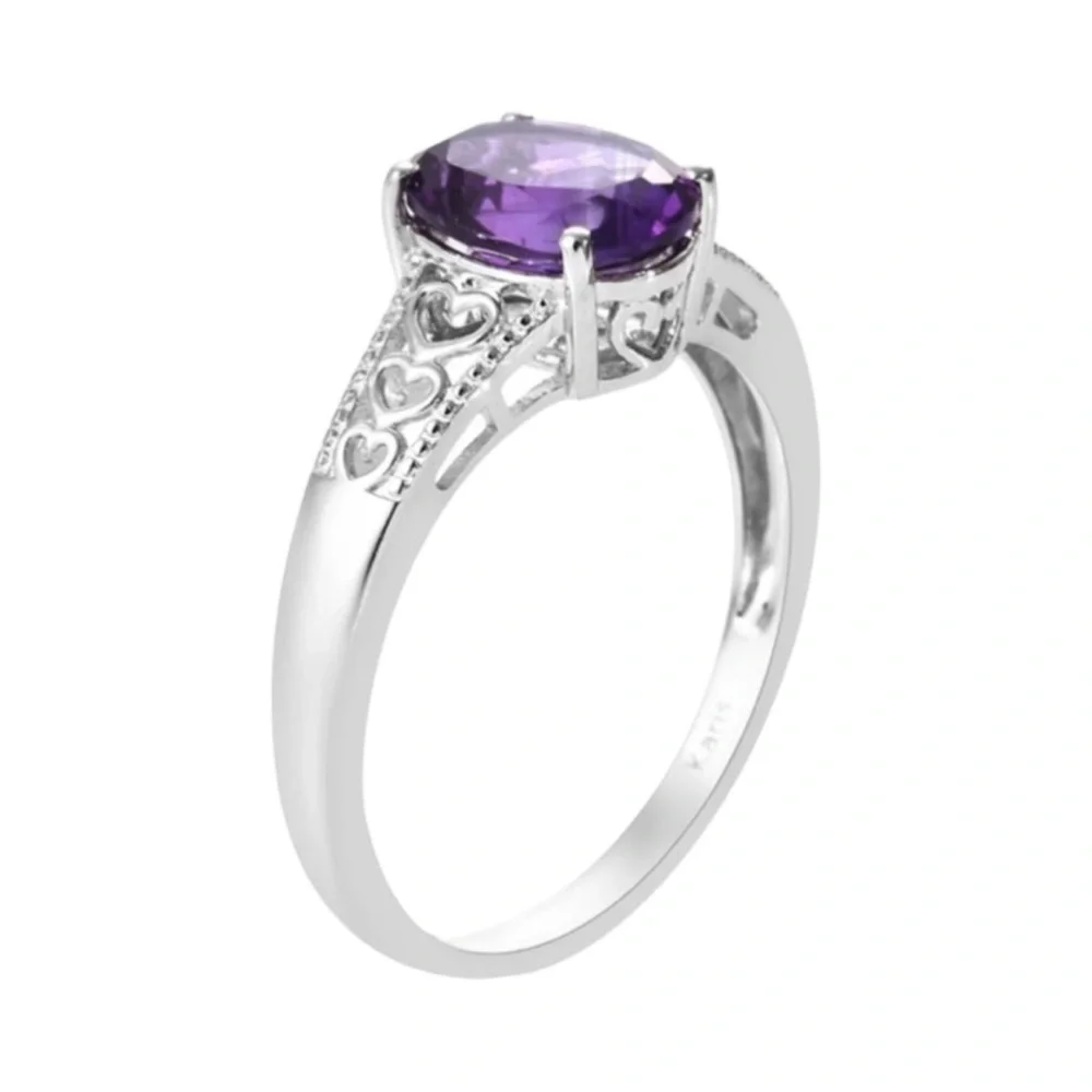 Genuine Amethyst Women’s Silver Platinum Bond Brass Ring Feburary Birthstone